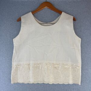 Ivory Artisanal Boxy Sleeveless Embroidered Mexican Top 100% Cotton Sz L Boho